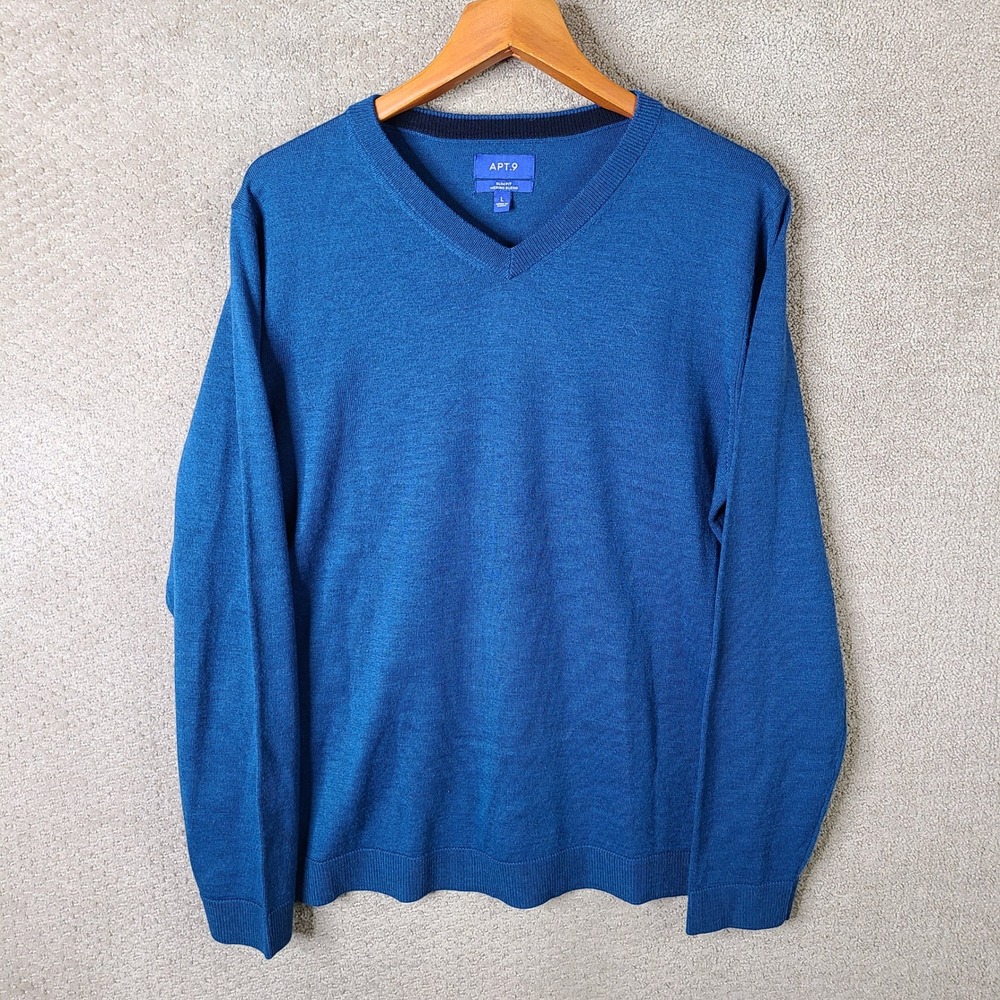 Apt 9 Sweater Mens Large Blue Merino‎ Wool Blend Slim Fit V-Neck Pullover